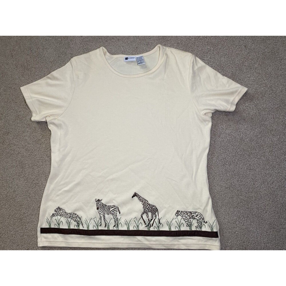 Vintage 90’s KB Company Safari Animal Embroidered Cream T-Shirt Zebra Medium
